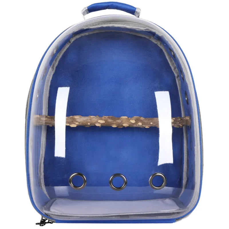 Plastic bird backpack carrier in black for small pet travel with zipper closure and perch rod