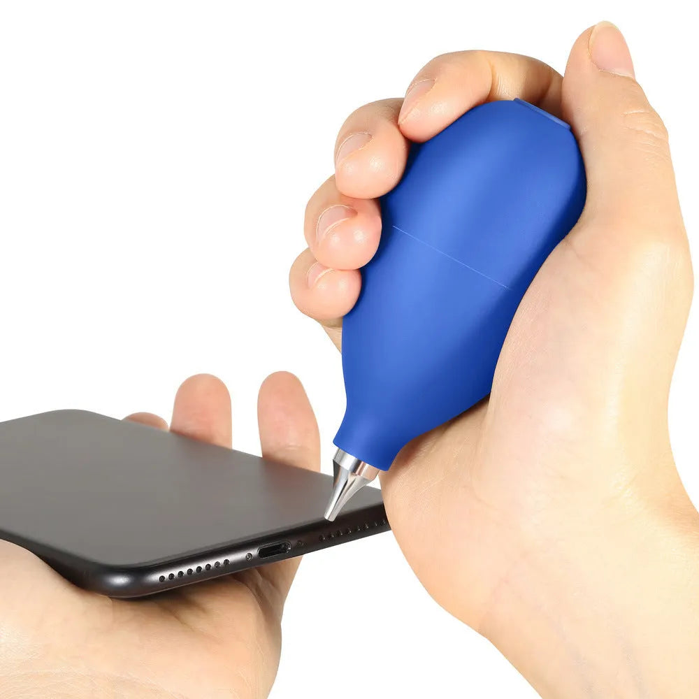 Blue rubber handheld dust blower cleaning tool for camera lenses and phones.