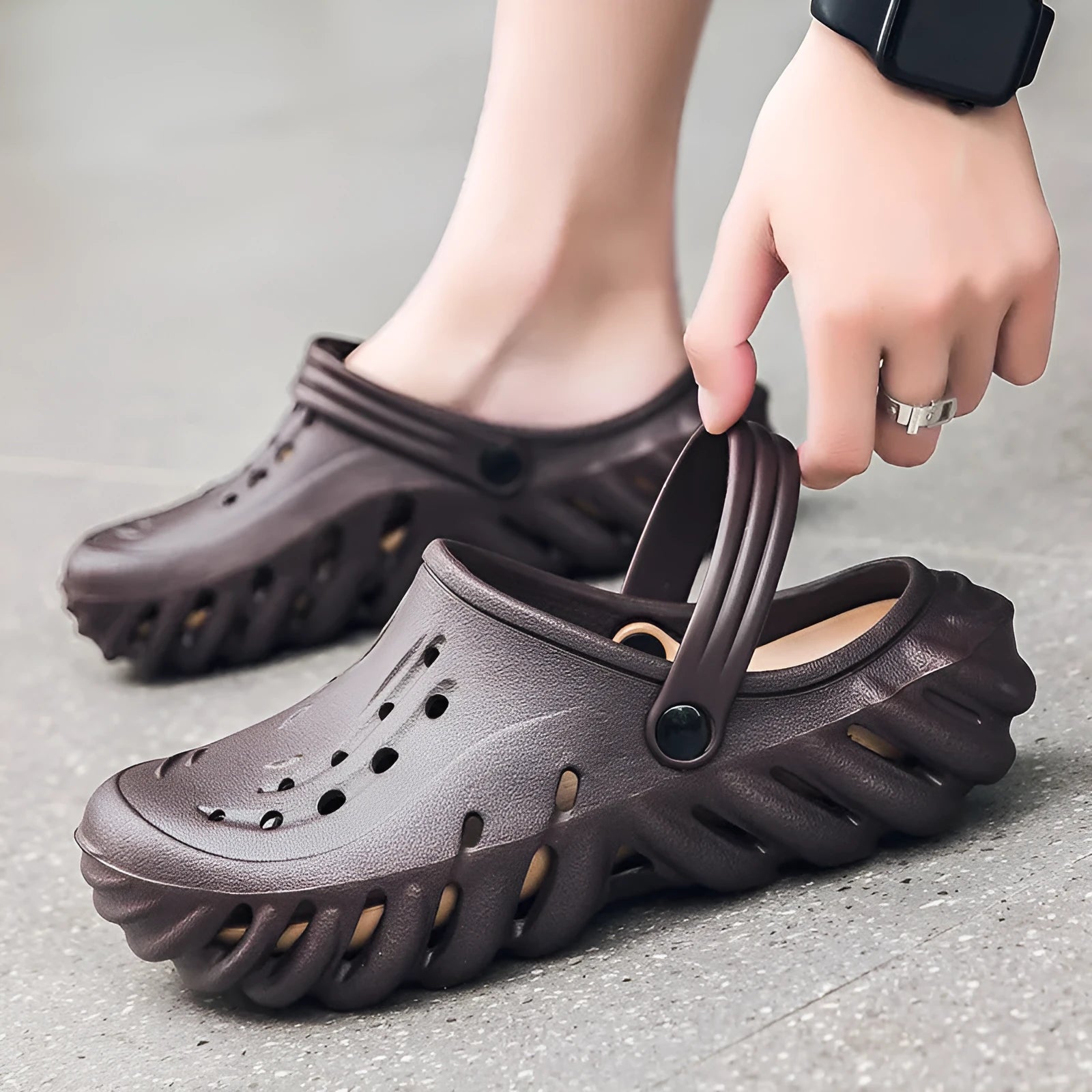 Men's beige EVA outdoor sandals with hollow out breathable design and non-slip sole