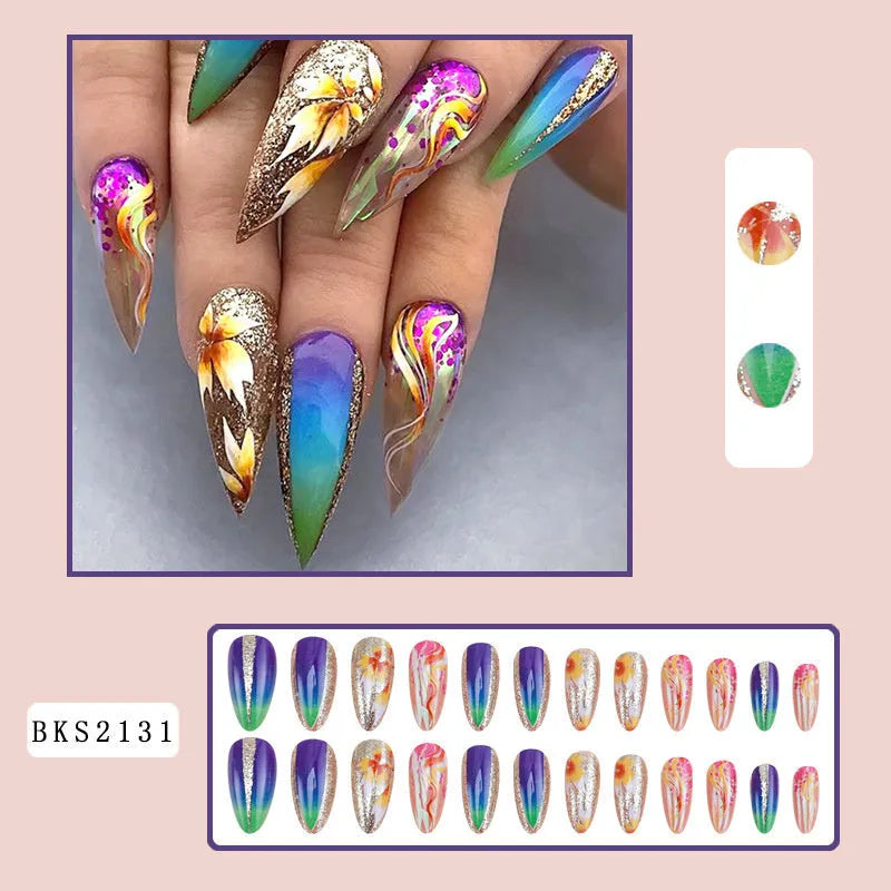 Almond-shaped false nail stickers with colourful rainbow plaid lines in four colour designs