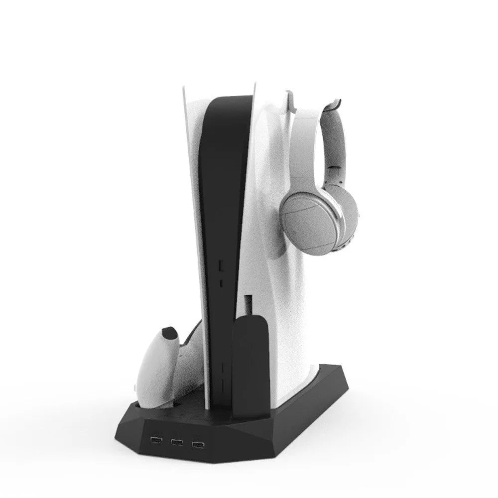PS5 charging base radiator station in black or white with USB ports for controller charging and cooling functions
