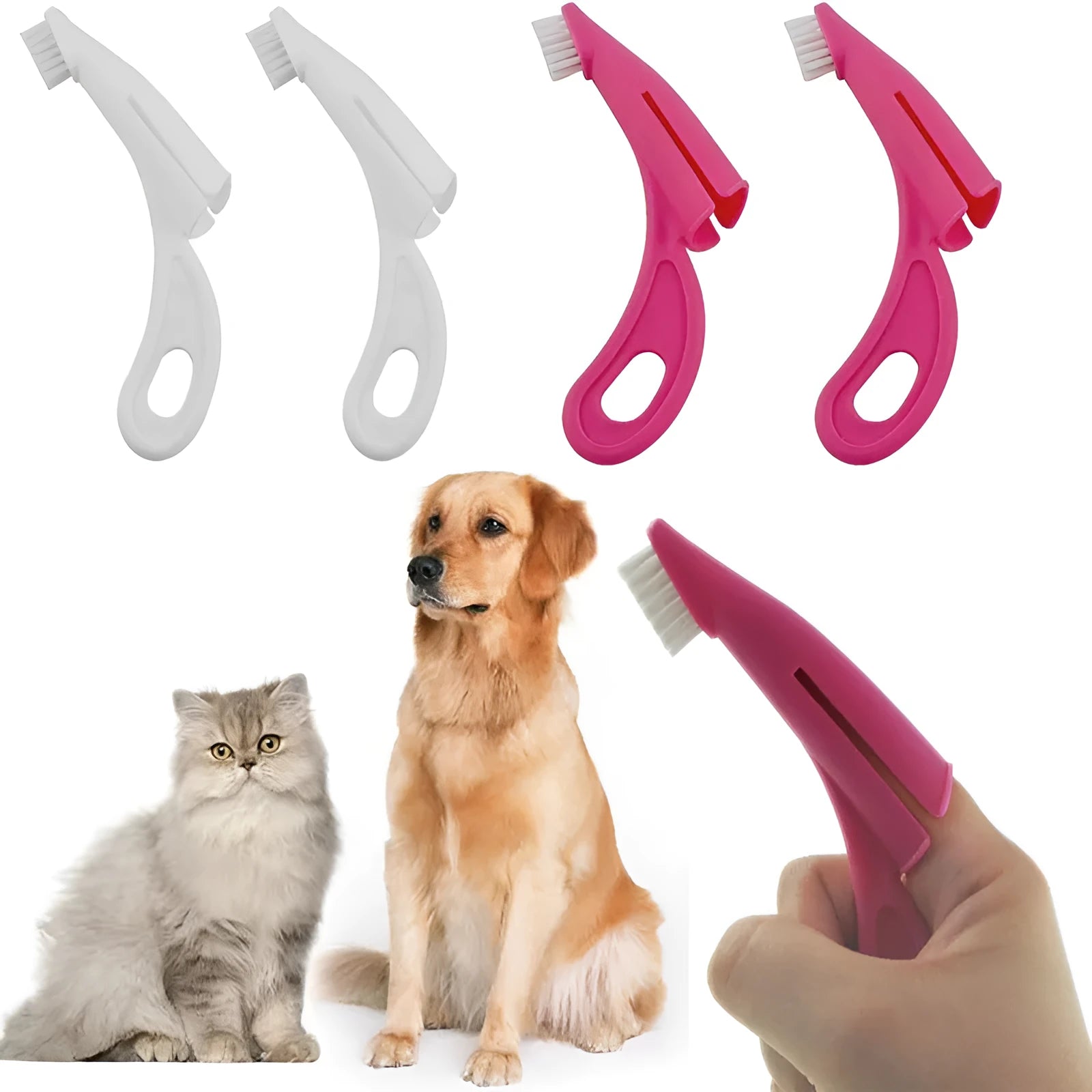 Red and white pet finger toothbrushes with silicone bristles for dog and cat dental cleaning.