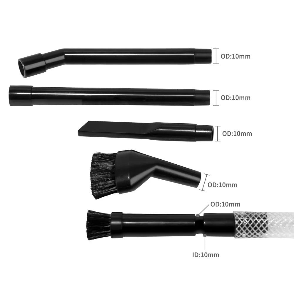 Eight-piece vacuum cleaner attachment set with multiple specialised suction heads for compact space cleaning