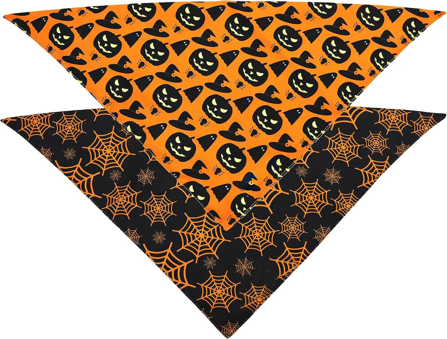Halloween dog bandana showing reversible pumpkin and spider web patterns with adjustable neck closure