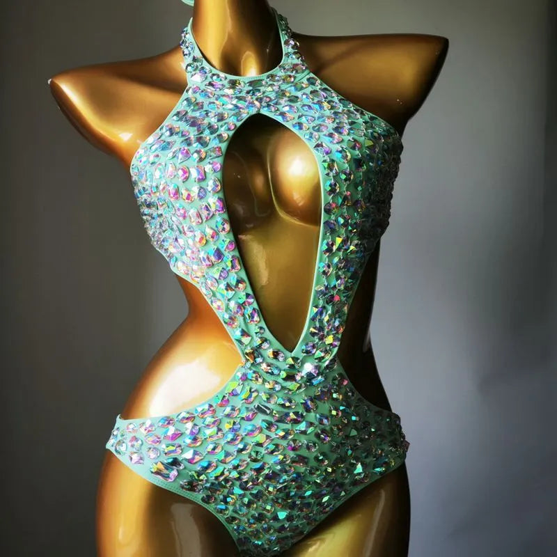 Women's mesh diamond one-piece swimsuit in Army Green colour with polyester lining
