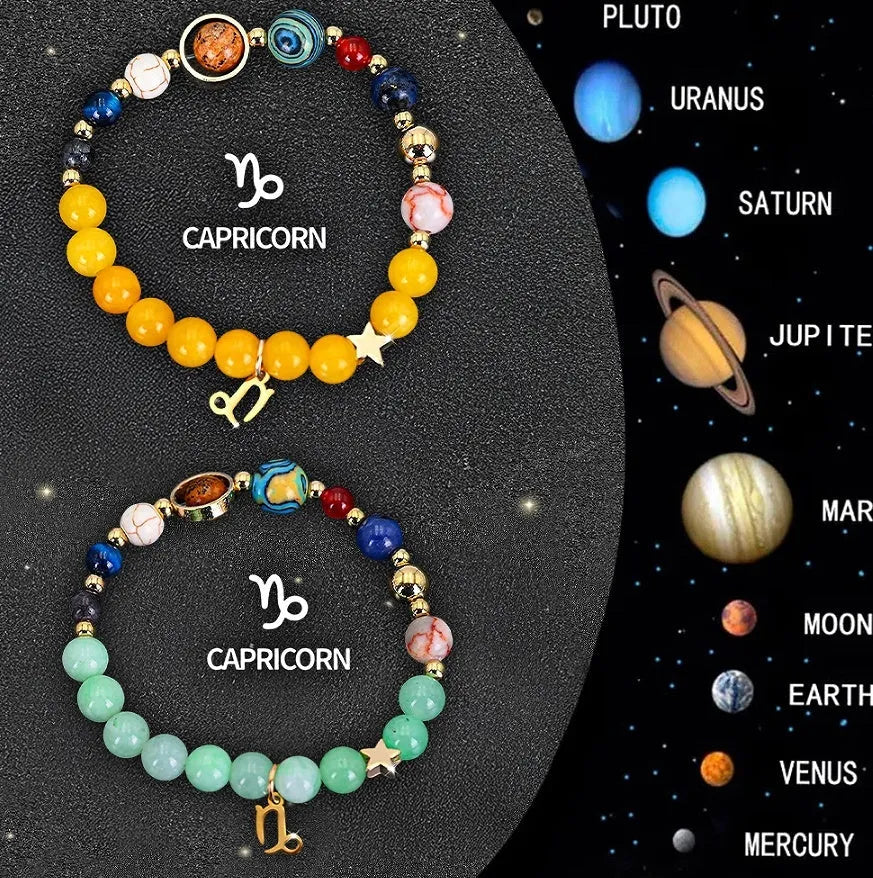 Two natural stone beaded bracelets with zodiac charm pendants on adjustable leather straps