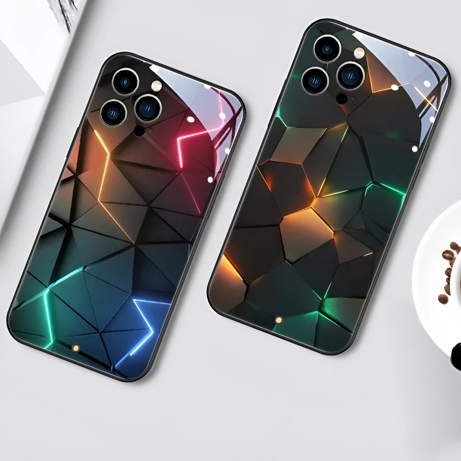 Xpress 14 tempered glass iPhone case with a light-up notification indicator on a table