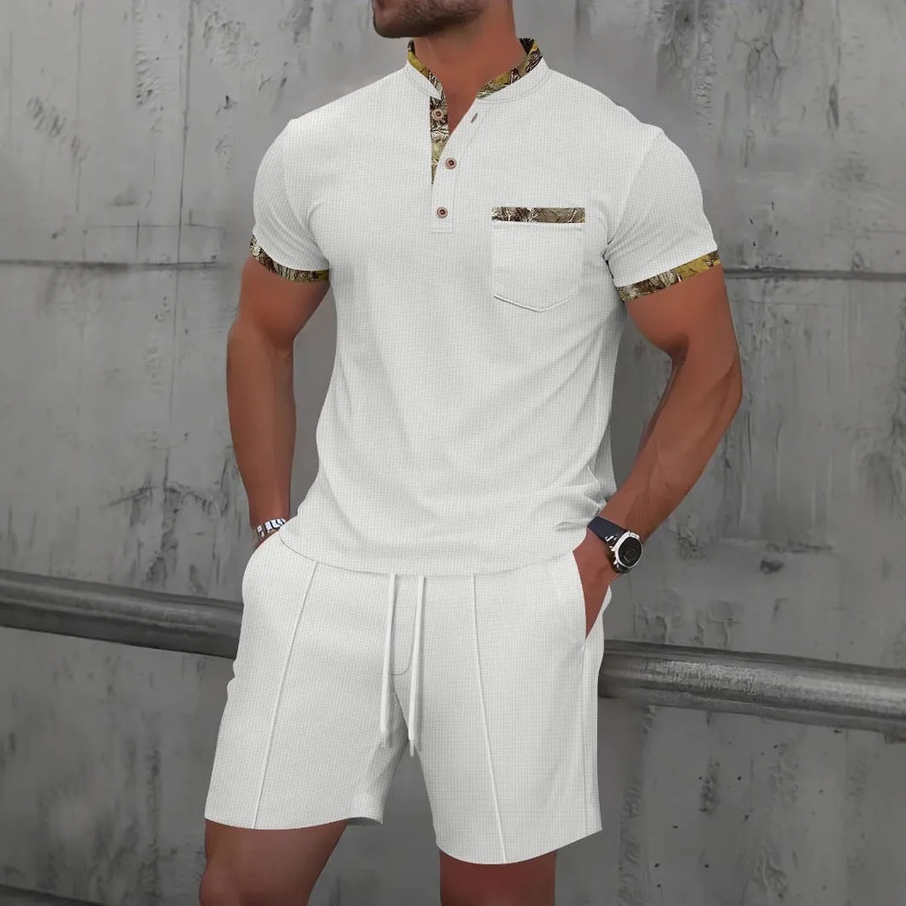 Men's gray short sleeve zip-up polo collar top with matching shorts, a cotton blend summer suit set.