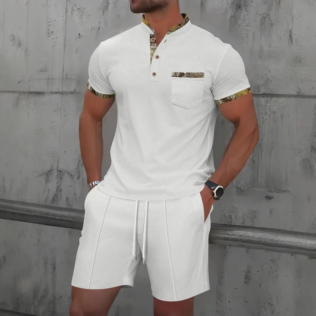 Men's gray short sleeve zip-up polo collar top with matching shorts, a cotton blend summer suit set.