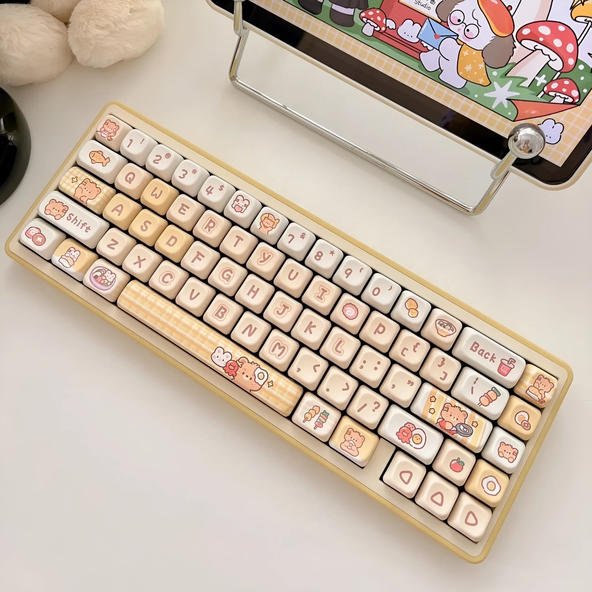 PBT key caps with rabbit bear restaurant thermal sublimation design in EOA height profile