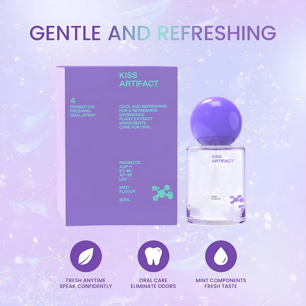 Portable 20ml bottle of probiotic oral hydration spray on a plain background