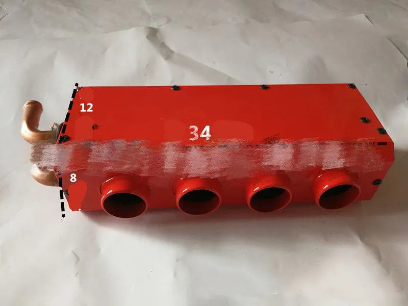 Metal car heater unit with copper pipe connections for 12V 24V auxiliary heating.