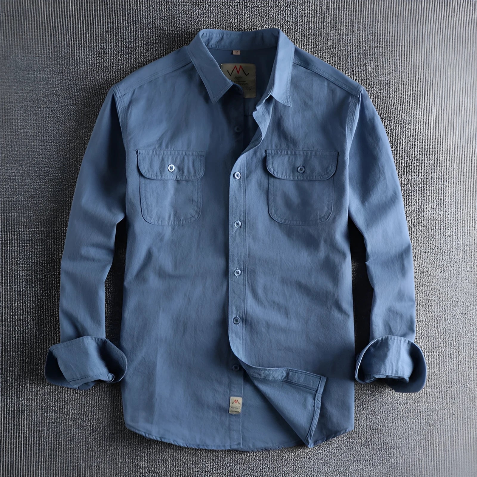 Men's solid colour cotton long sleeve cardigan shirt in light blue on hanger