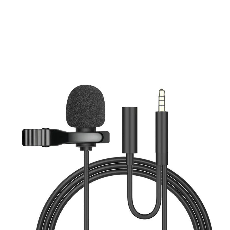 Black wired lavalier clip microphone with 3.5mm plug and 1.5m cable for iPhone recording.
