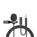 Black wired lavalier clip microphone with 3.5mm plug and 1.5m cable for iPhone recording.