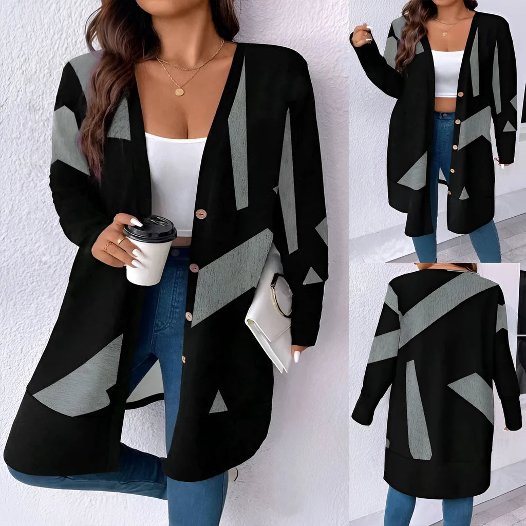 Black loose casual plus size cardigan coat with button stitching detail on polyester fabric