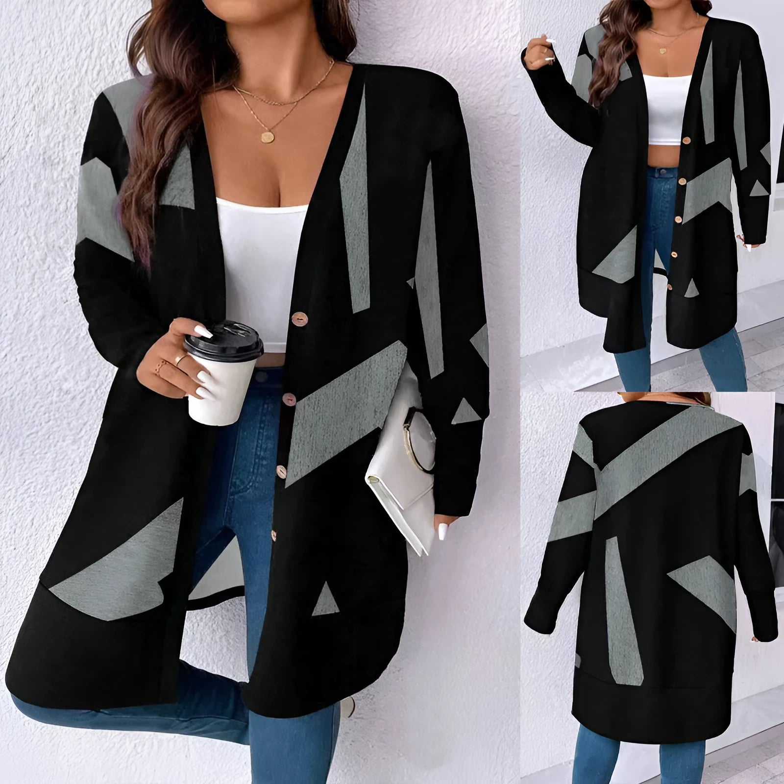 Black loose casual plus size cardigan coat with button stitching detail on polyester fabric