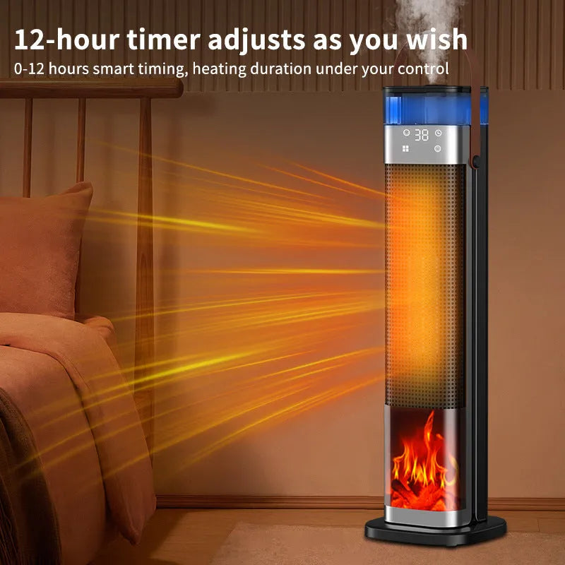 Slim white vertical tower heater with humidification function and remote control on a wooden floor.