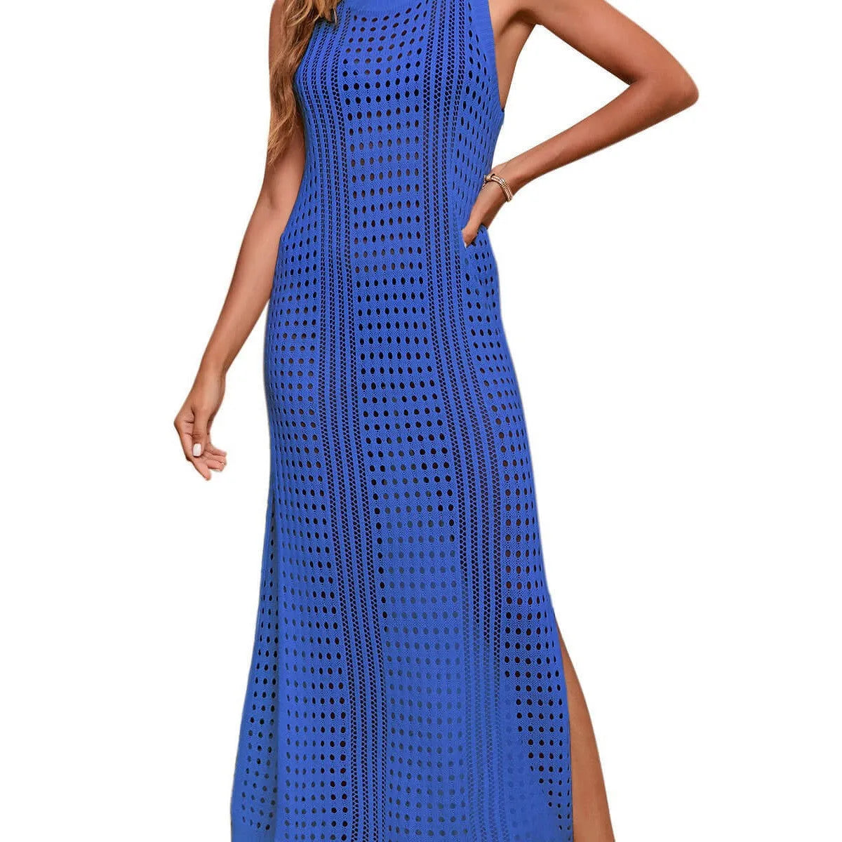 Long, loose women's beach blouse in a hollow-out knitted fabric, shown in a solid colour.