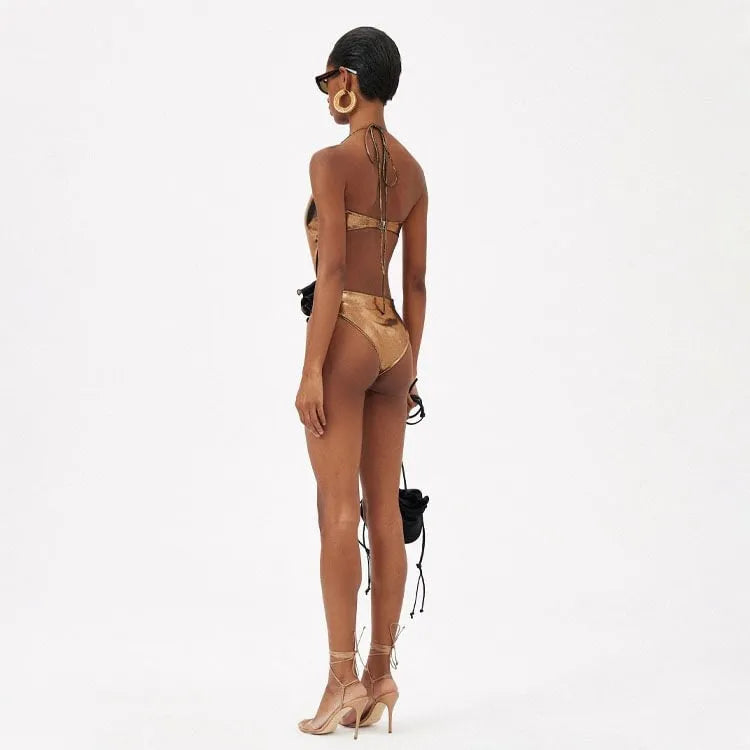 Gold handmade one-piece swimsuit with hollow out design and halter neck