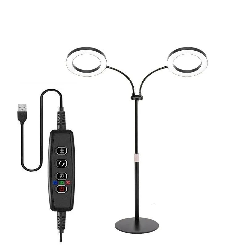 Adjustable floor-standing plant grow light with a circular angel ring head on a tall pole.