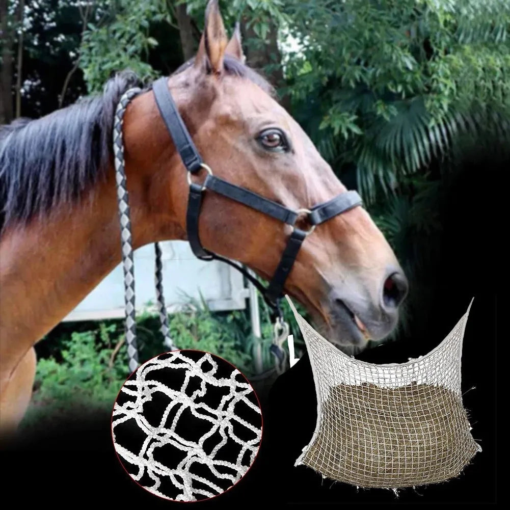 Woven PE rope grid design horse feeding bag in black or white colours