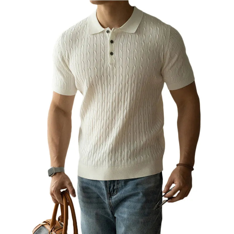 Men's khaki coloured short sleeve business top made from a polyester blend fabric.