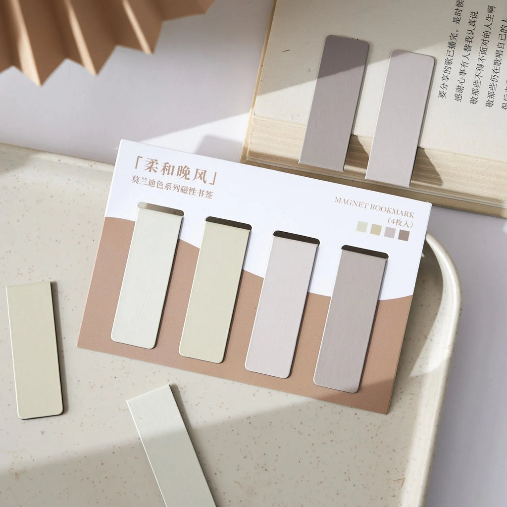Set of four Morandi colour magnetic bookmarks showing miniature size and magnetic closure design