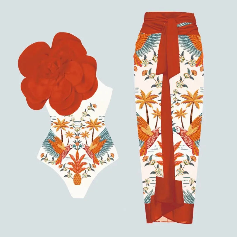Women's floral one-piece swimsuit set with optional wrap skirt in polyester fabric