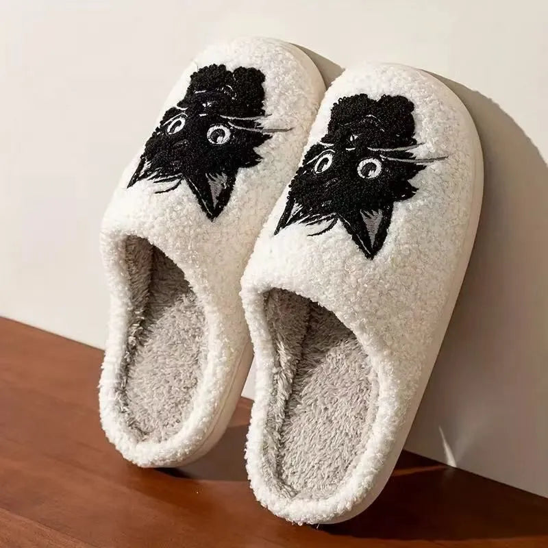 White plush slippers with Black Beard cat cartoon design for couples, showing non-slip sole.