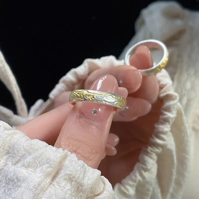 J14 Xiangyun open mouth ring in white copper with geometric pattern and electroplated gold silver finish
