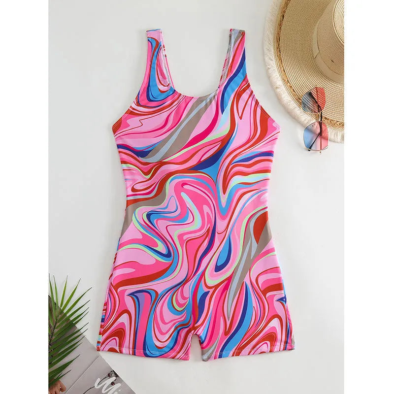 Printed conservative one-piece swimsuit with high-waist design and backless styling for women