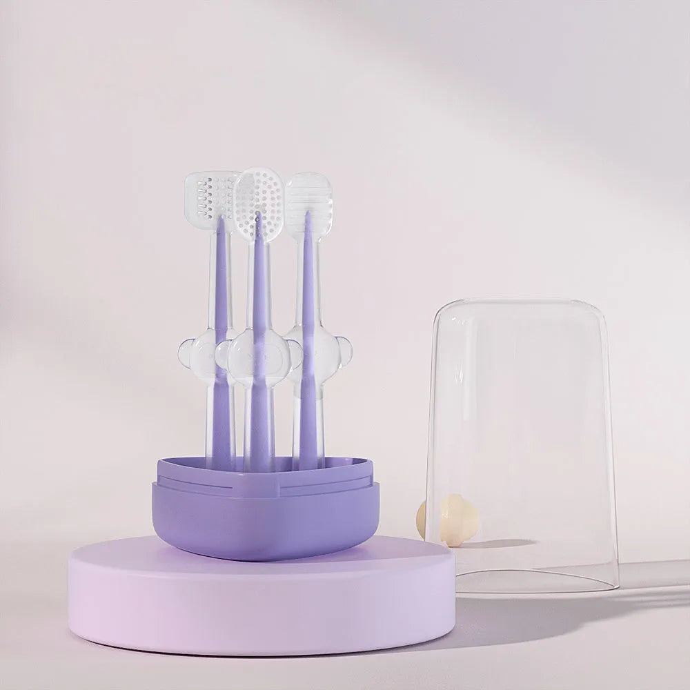 Silicone pet toothbrush set for dogs and cats in blue, green, and purple colours
