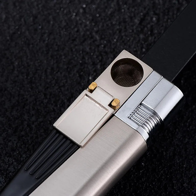 Folding metal pipe lighter showing open position with stash compartment visible