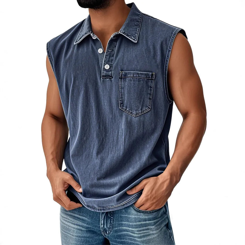 Man wearing 3D digitally printed loose fit polo shirt with button front and short sleeves