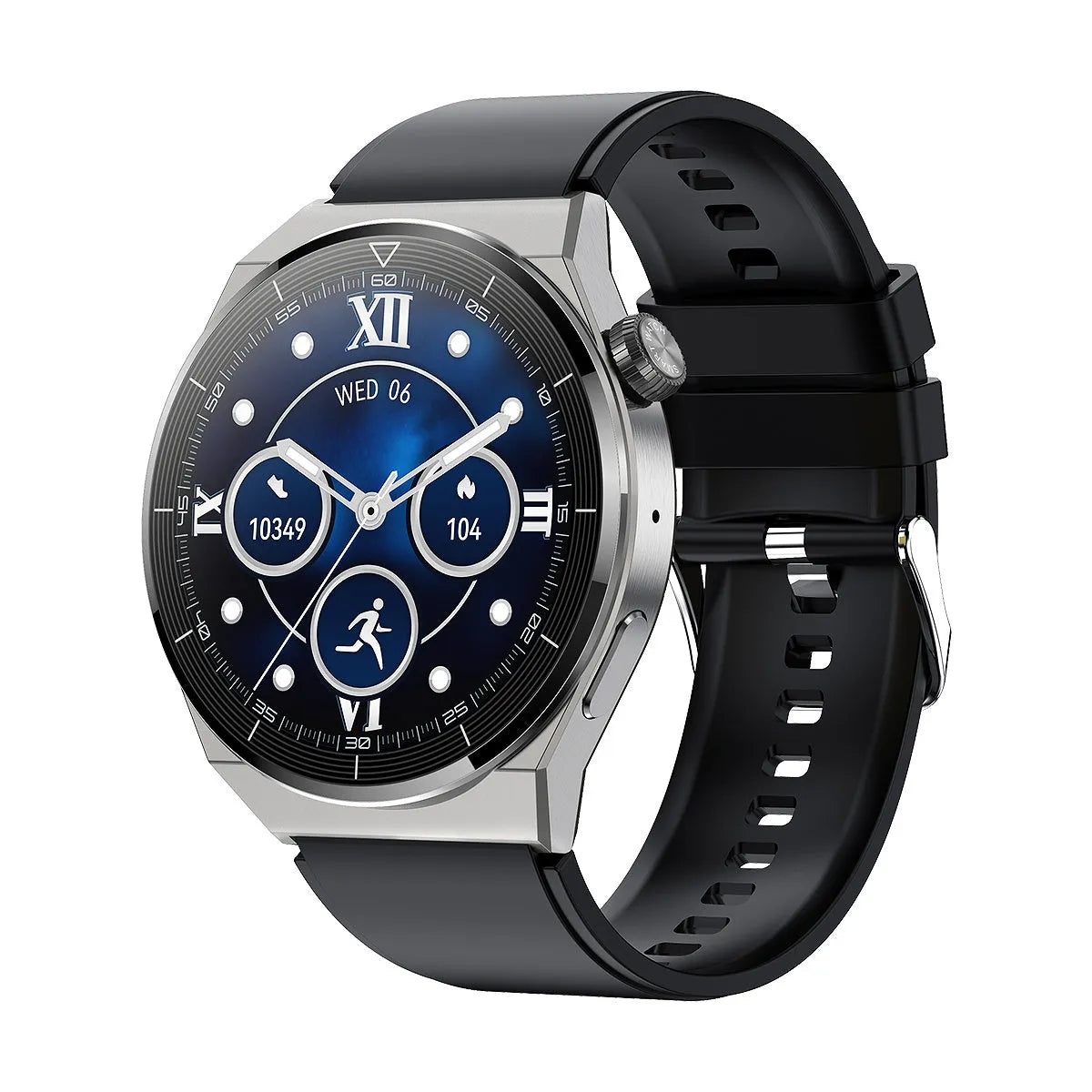 Black and silver Bluetooth call NFC smart watch body with 1.36 inch round screen and silicone band