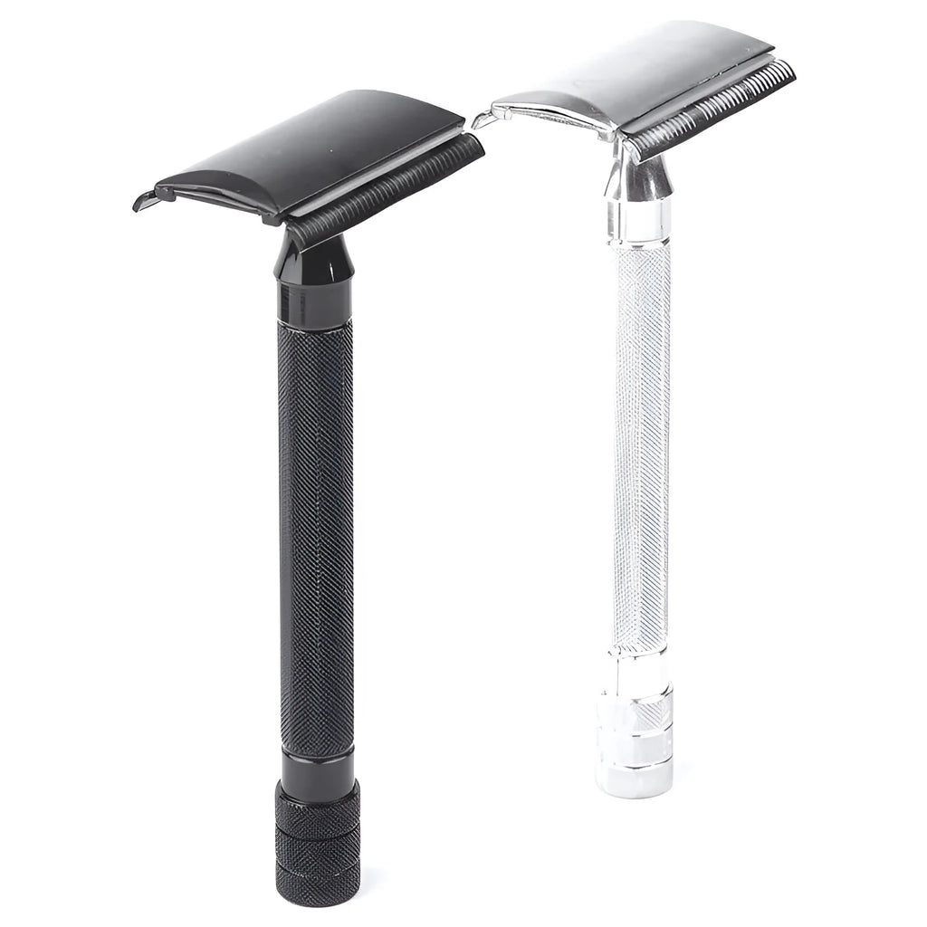 Traditional manual pogonotomy scraper and brush set for wet shaving in black or silver metal finish.
