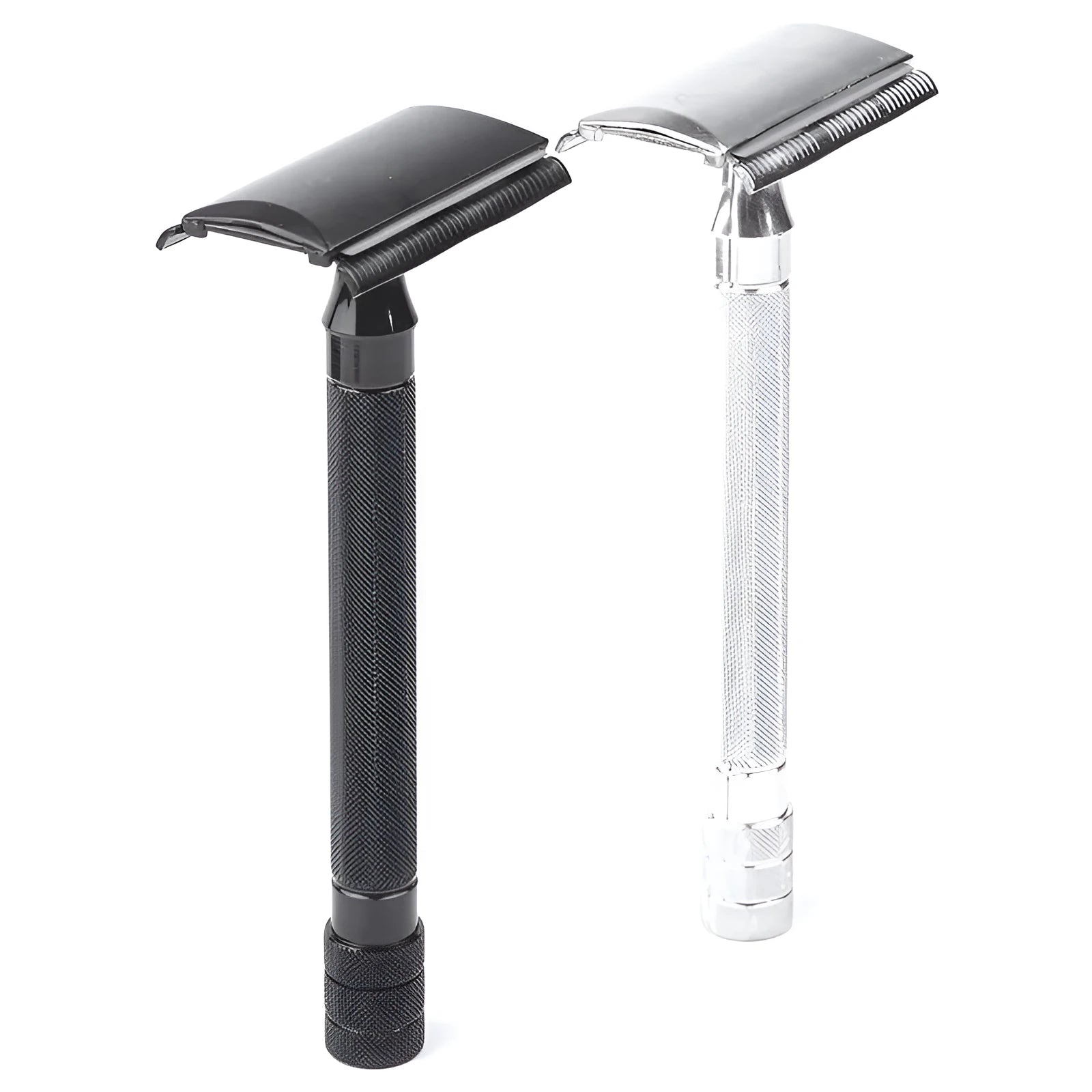 Traditional manual pogonotomy scraper and brush set for wet shaving in black or silver metal finish.