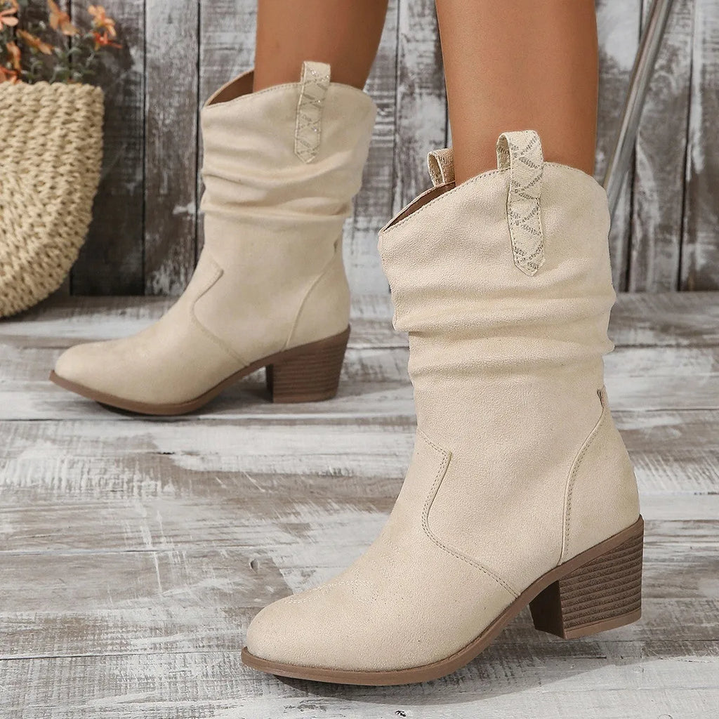 Plus size women's suede mid-calf boots with a chunky heel in lotus root colour and milky white.