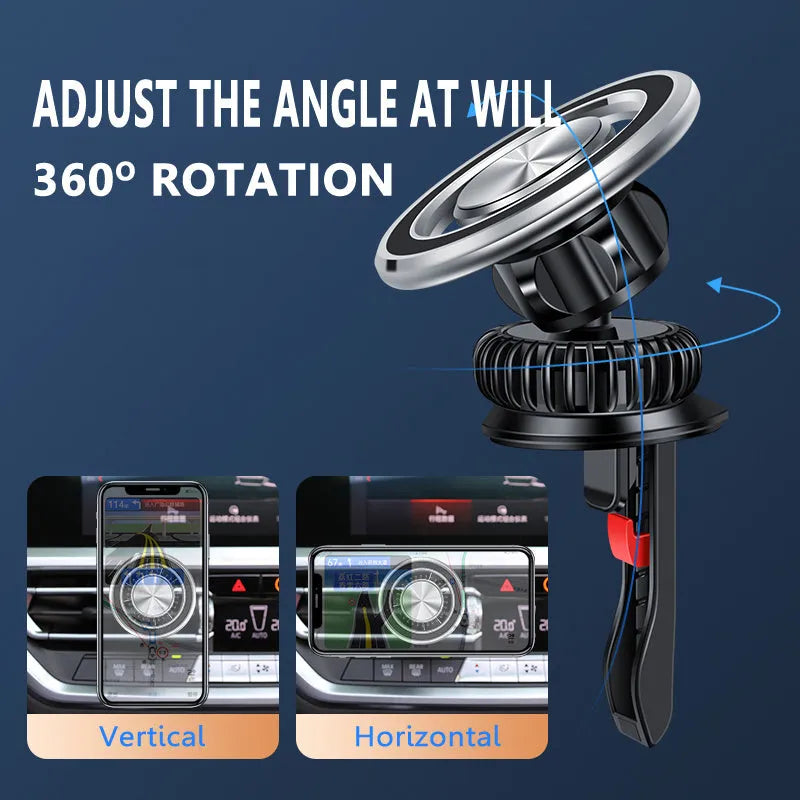 Silver magnetic air vent phone holder with snap-on bracket mounted on car dashboard