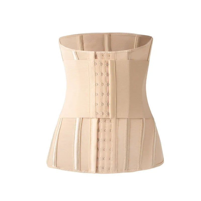 Nylon belly band waist trainer for tummy slimming in black and apricot colours.