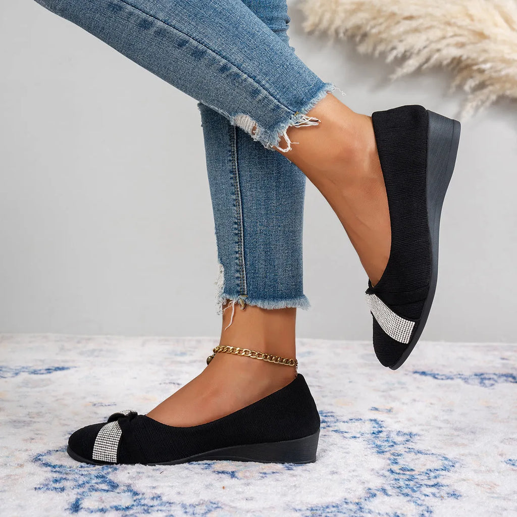 Black women's slip-on shoes with rhinestone decoration and chunky heel