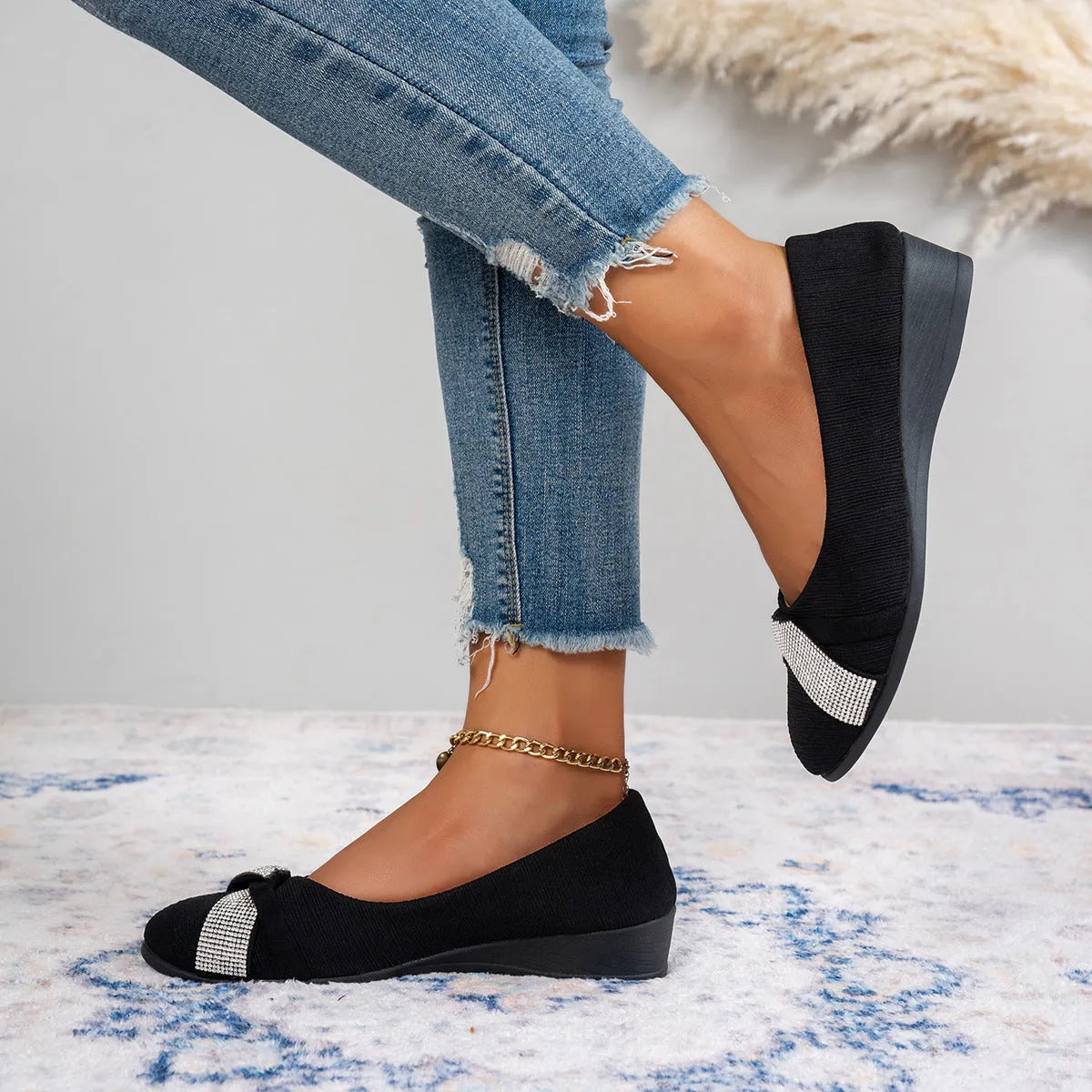 Black women's slip-on shoes with rhinestone decoration and chunky heel