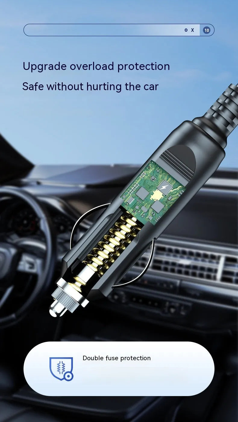 Wireless digital display car air pump and vacuum cleaner with accessories on a grey background.