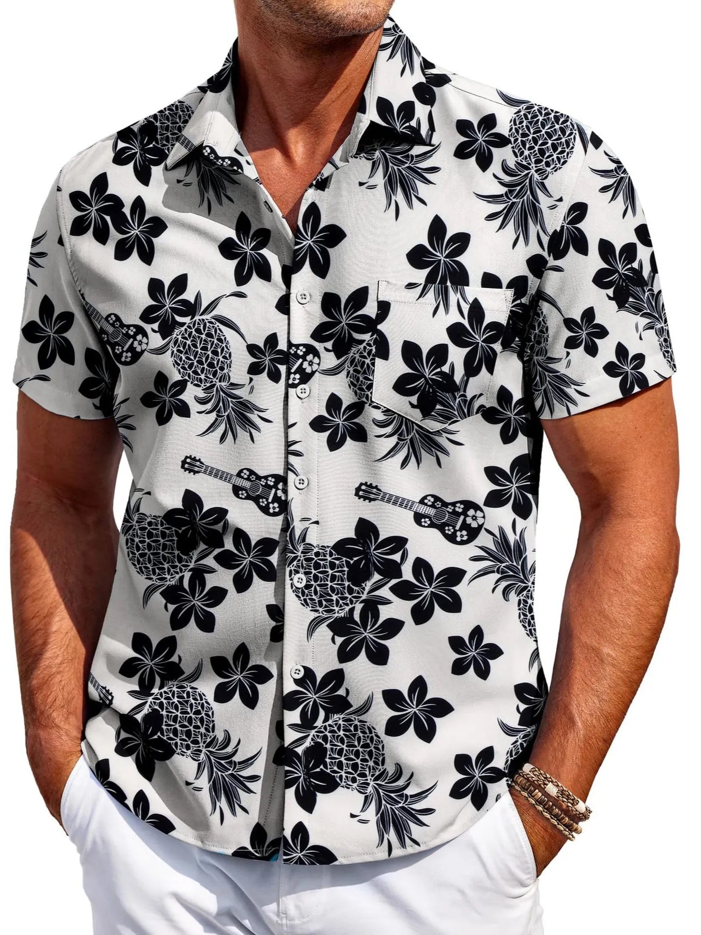 Men's slim fit short sleeve shirt cardigan in elastic polyester fabric on a hanger.