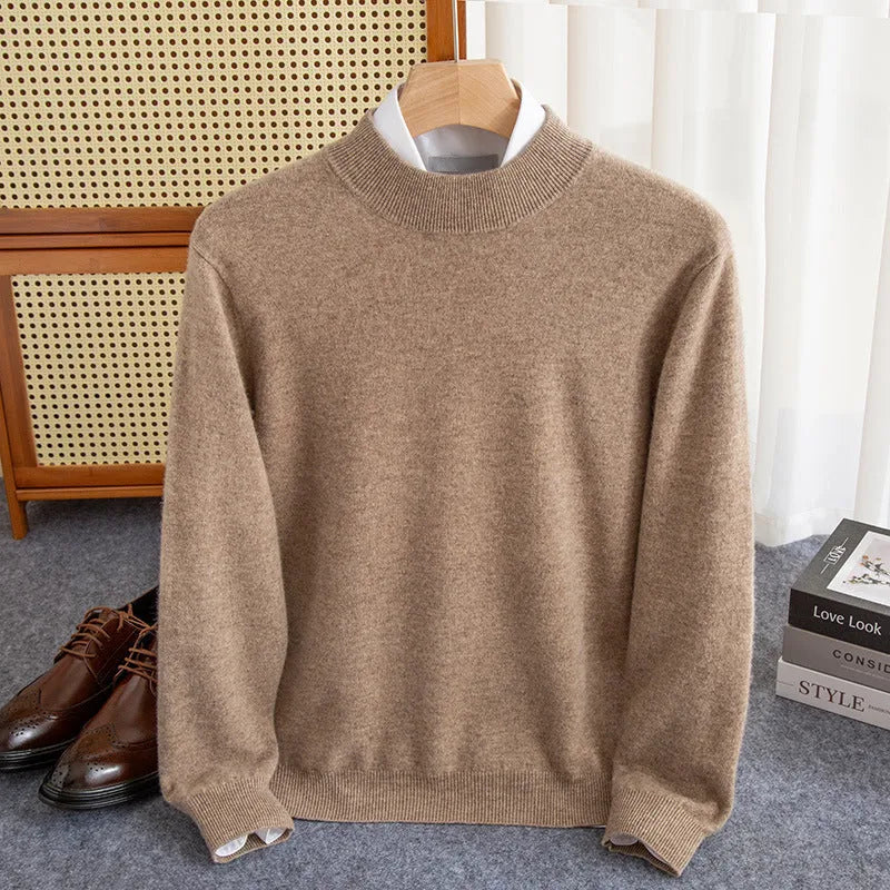 Men's loose fit half-collar wool sweater in a light business style, shown in a range of colours.