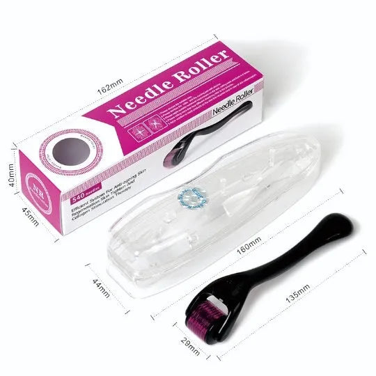Derma roller with 540 titanium microneedles showing black and purple handle options