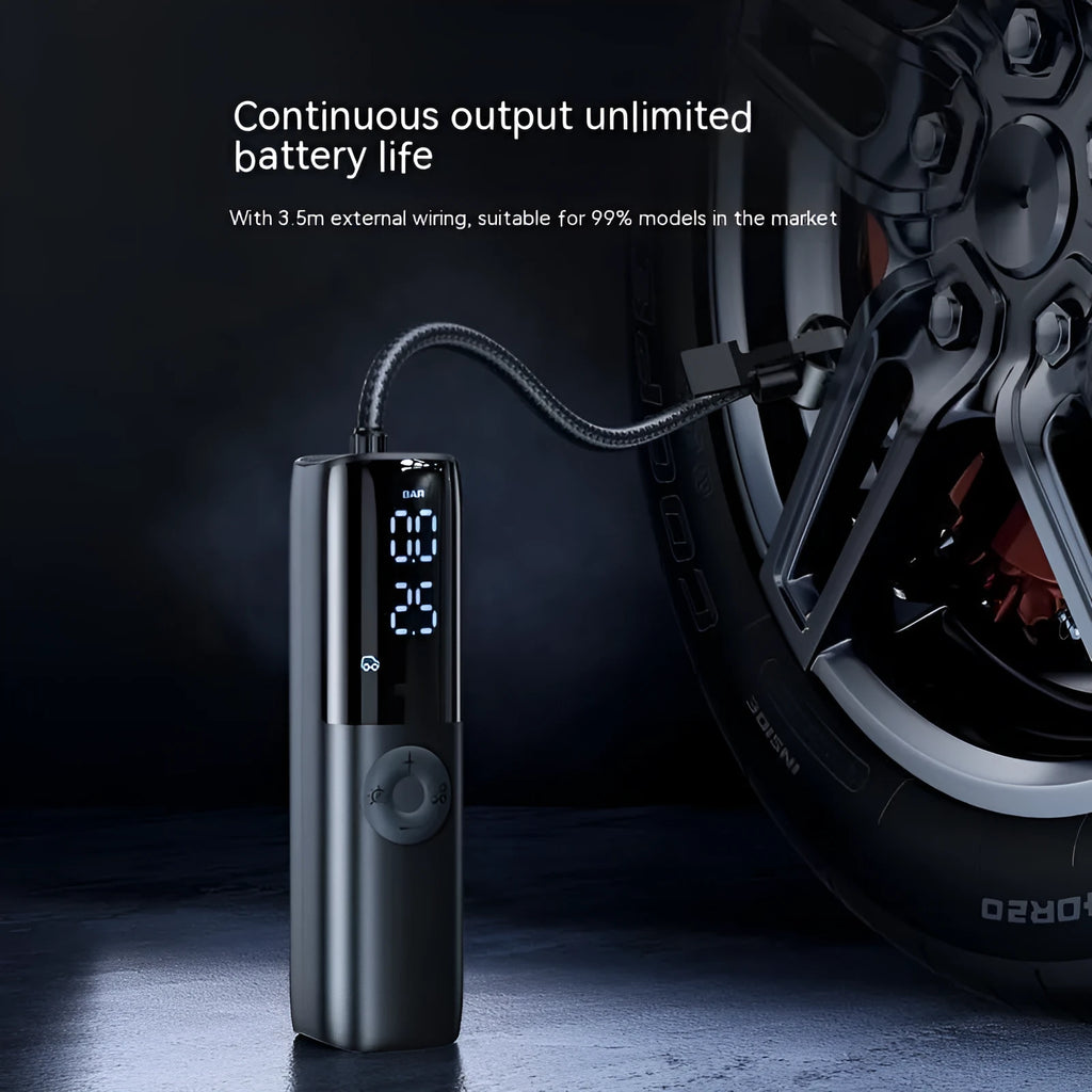 Black portable electric vehicle air pump with tyre pressure gauge and plug-in connector