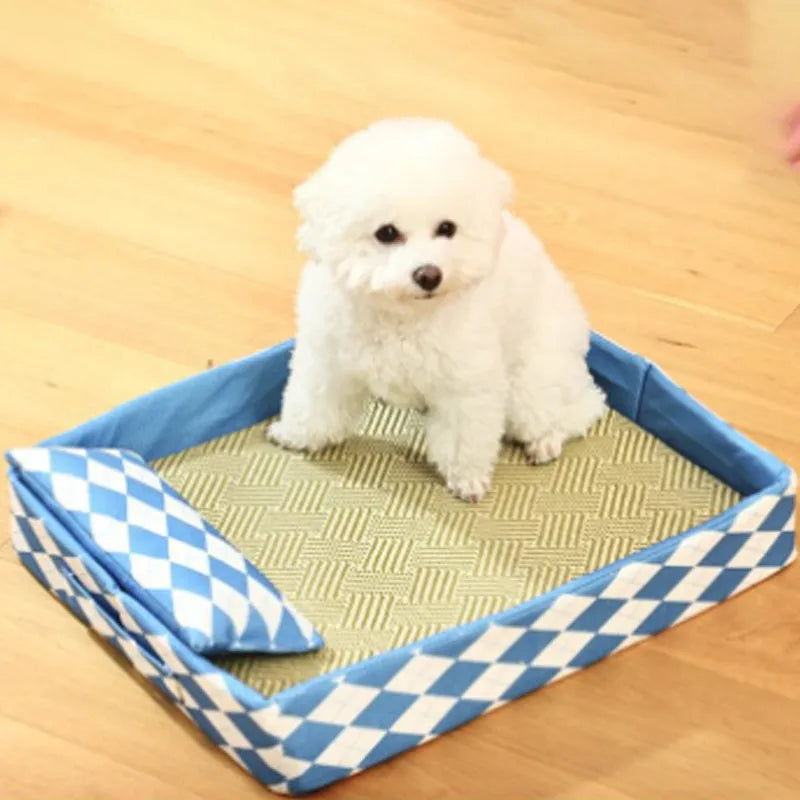 Blue rattan-textured cat litter mat and bed next to a litter tray