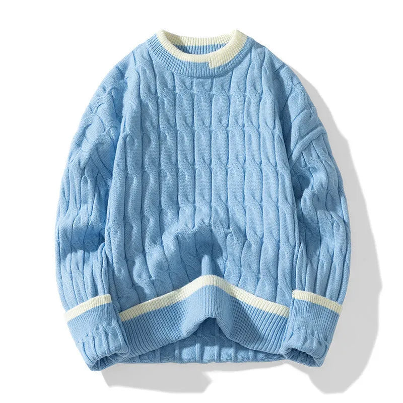 Men's two-piece acrylic sweater set with loose pullover and matching bottoms in winter sports style